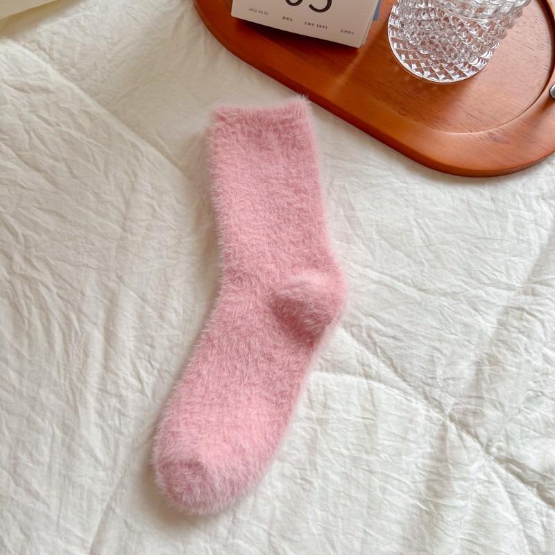 Women Coral Velvet Floor Socks Fluffy Pure Color Medium Tube Elastic Sleep Plush Sock