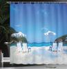 Beach Scene Shower Curtain with Hooks – Sandy Beach, Blue Ocean & Lounge Chairs, Tropical Seaside Bathroom Decor