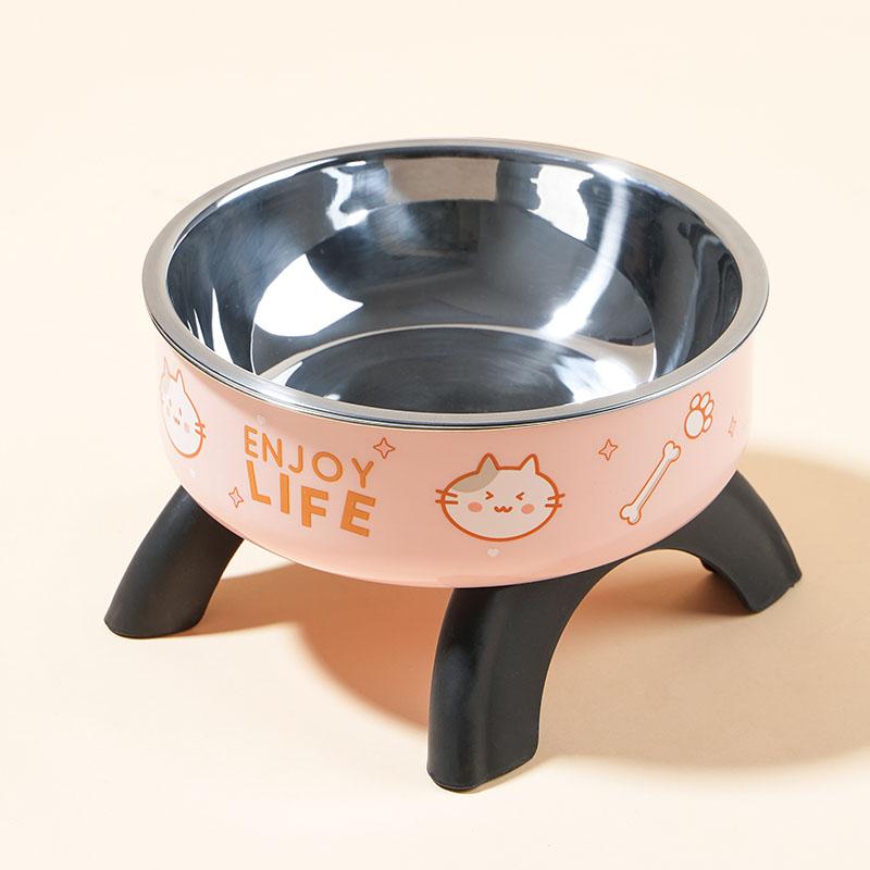 

A cartoon printed high-legged pet bowl, large-capacity stainless steel dog bowl, neck-protecting cat bowl, universal fashion and рожевий