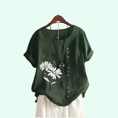 Blusas femininas casuais com estampa de flores e gola redonda, manga curta, plus size, pulôver, camiseta solta