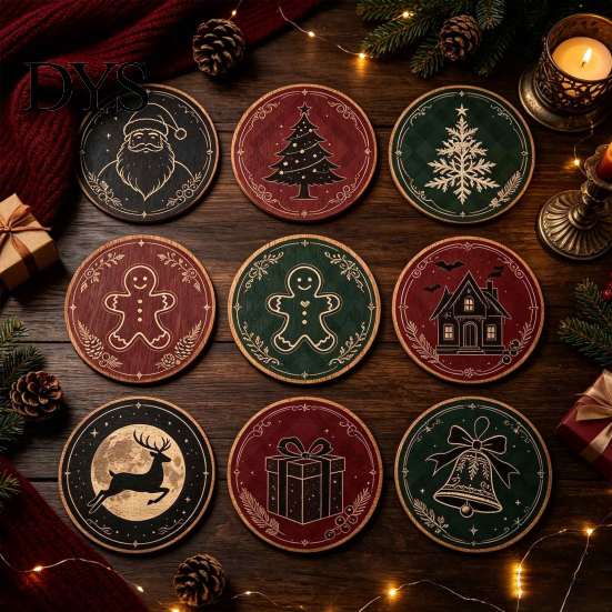 Kitchen Dining Table Accessories 9Pcs Christmas Wooden Coasters Set, Heat Resistant Cup Mats, Waterproof Pads for Round Protection Mats Home
