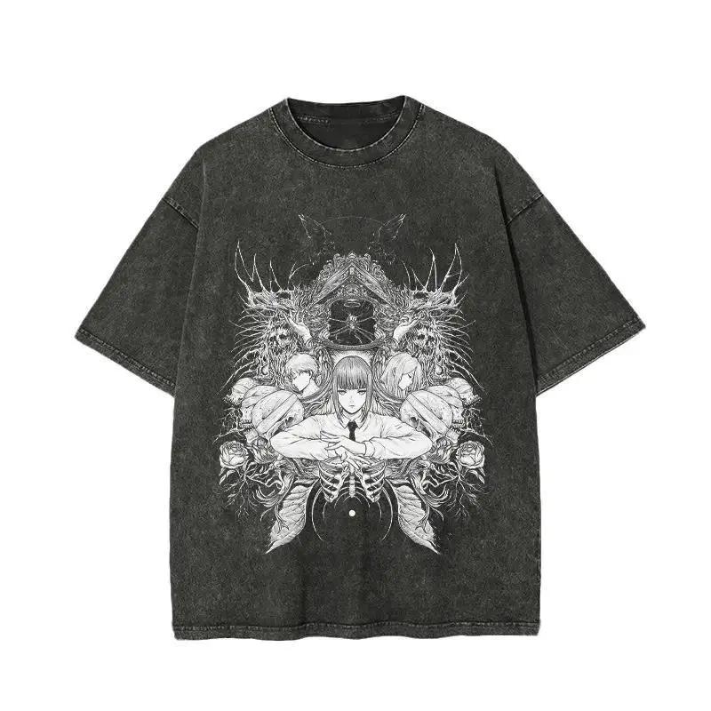 Hot Anime Chainsaw Man Makima Clothing Men Women Short Sleeve Tshirts Washed Cotton Tee Retro Oversized T-shirt Harajuku T Shirt