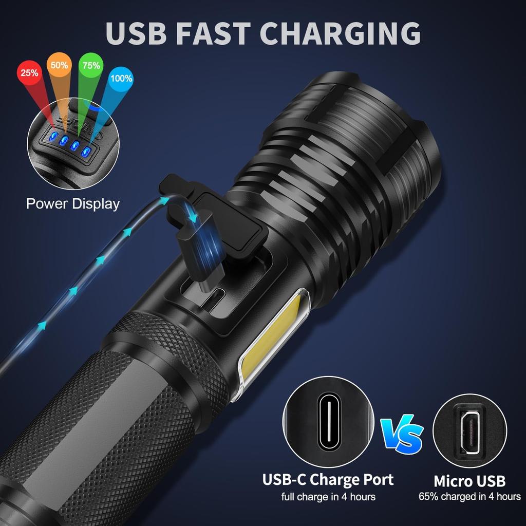 LED Rechargeable Flashlights 990000 High Lumens, Super Bright Flashlight High Power Flash Light with 7 Modes, 15H Running Time, IPX7 Waterproof