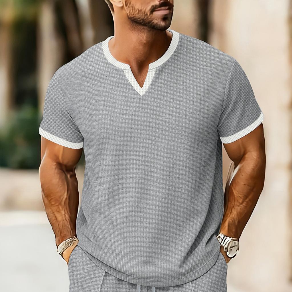 Men's Summer V-neck Top Casual Loose Short Sleeved Shirt
