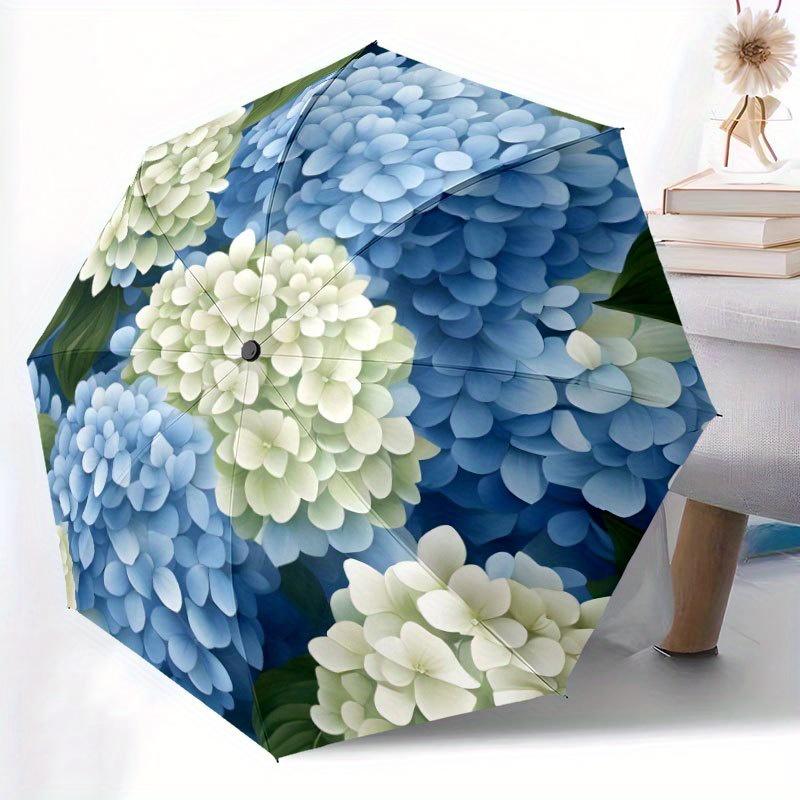 Elegant Blue Hydrangea 2 Umbrella with 8-Rib Sturdy Frame - Automatic Open, Foldable Design for Beach, Travel & Outdoor Activi