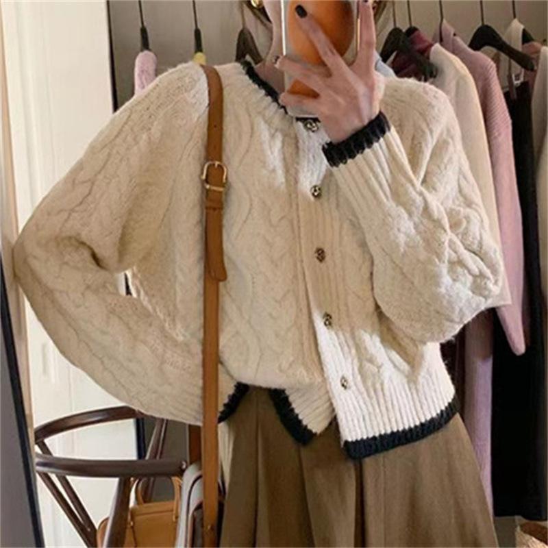 

Женский осенне-зимний новый вязаный кардиган с круглым вырезом, утолщенный свитер One size бежевый