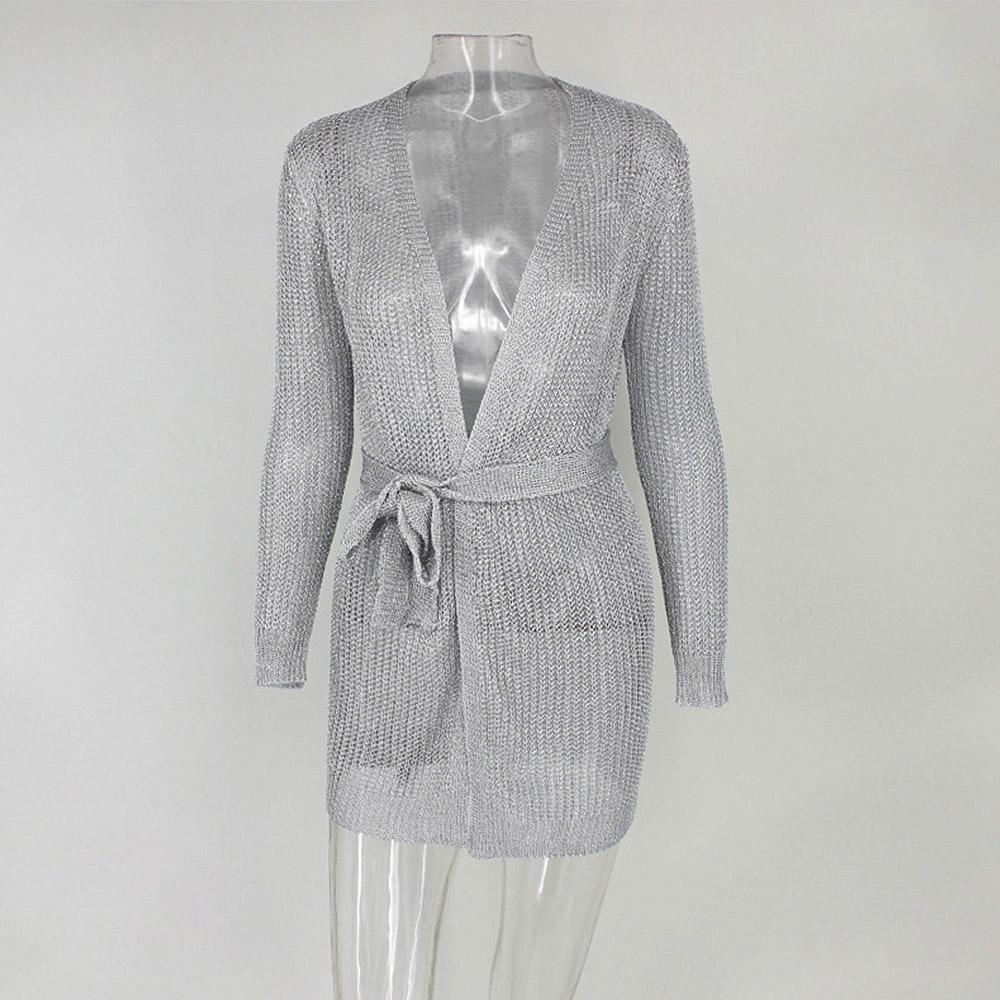 Sexy Mesh V Neck Mini Dress Women Elegant Nightclub Party Clothing Cardigan Style Waist Tie Dress