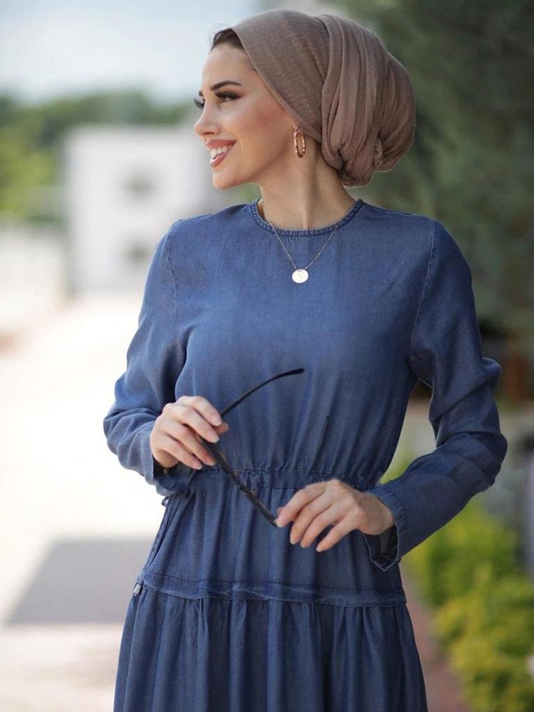 A1325 Arabian Washed Denim Long Dress with Drawstring Waist and Spliced Long Sleeves