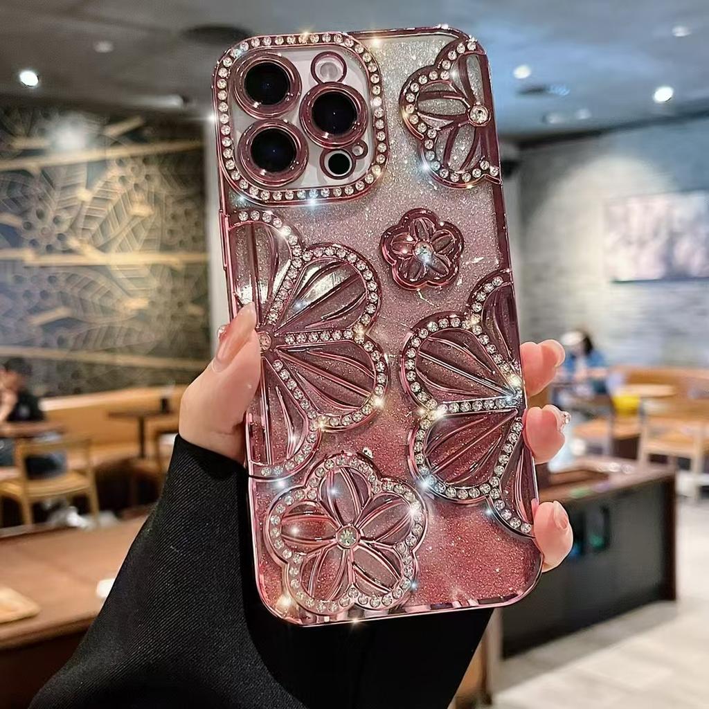 Geeignet für Ip16promax Galvanisierte Glitzerkante Diamant Blume Apple 13/14/15 Ölgemälde Blume Weiche Hülle