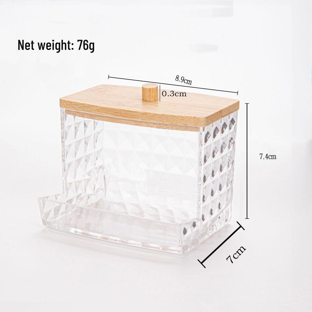 Diamond Pattern Cotton Pad Organizer with Wooden Lid - Multi-Purpose Desktop Storage Box