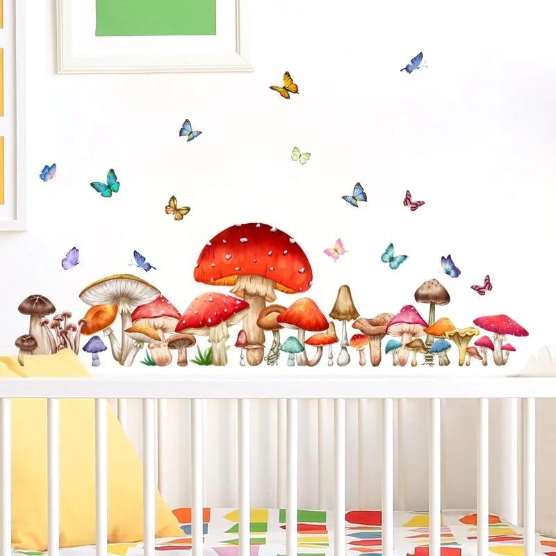 Color Mushroom Butterfly Wall Stickers for Kids Room Bedroom Baby Room Kindergarten Background Decorative Wall Decals PVC Murals