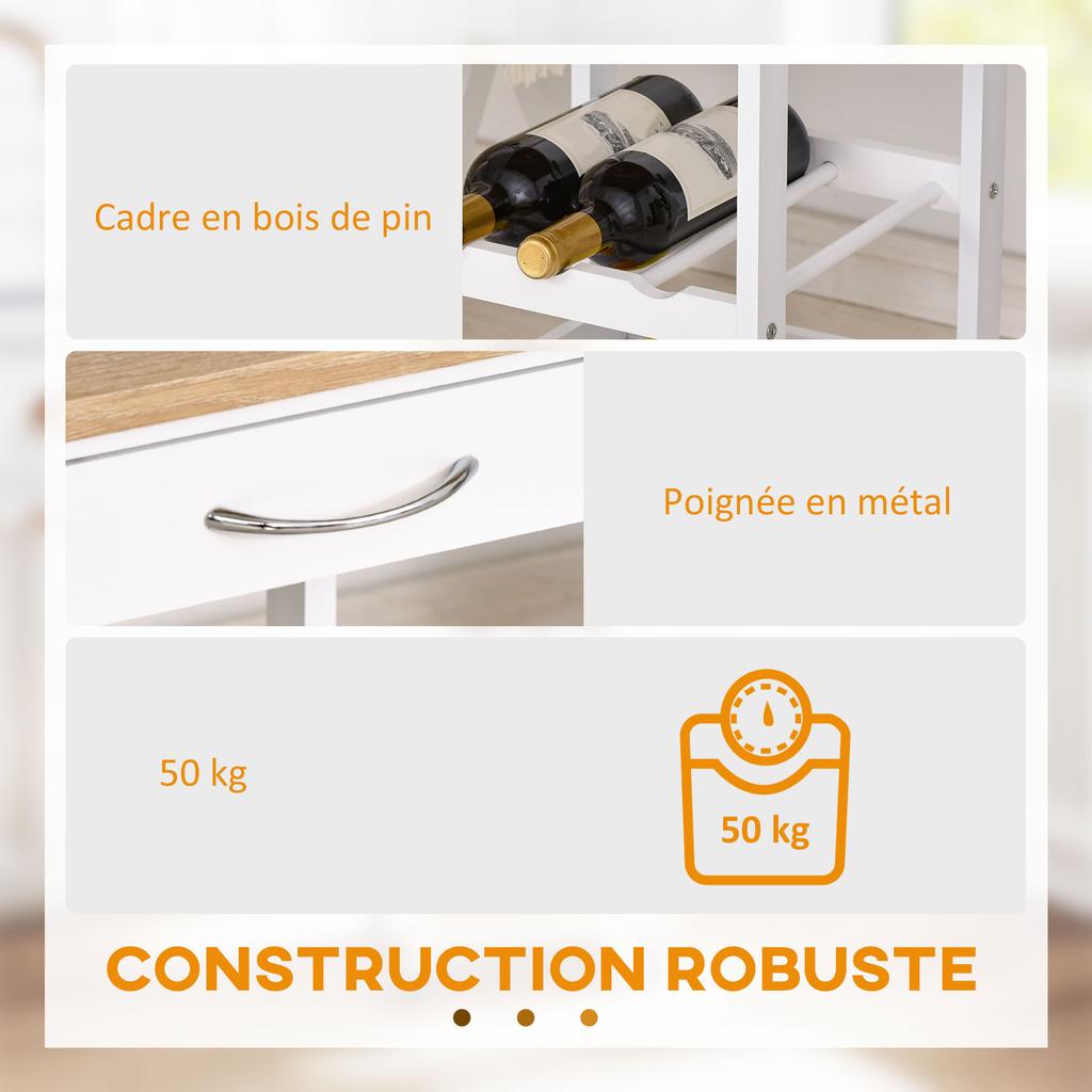 Carrello da portata Carrello da cucina su ruote 2 ripiani + Vassoio rimovibile + Cassetto Legno di pino Bianco Rovere chiaro
