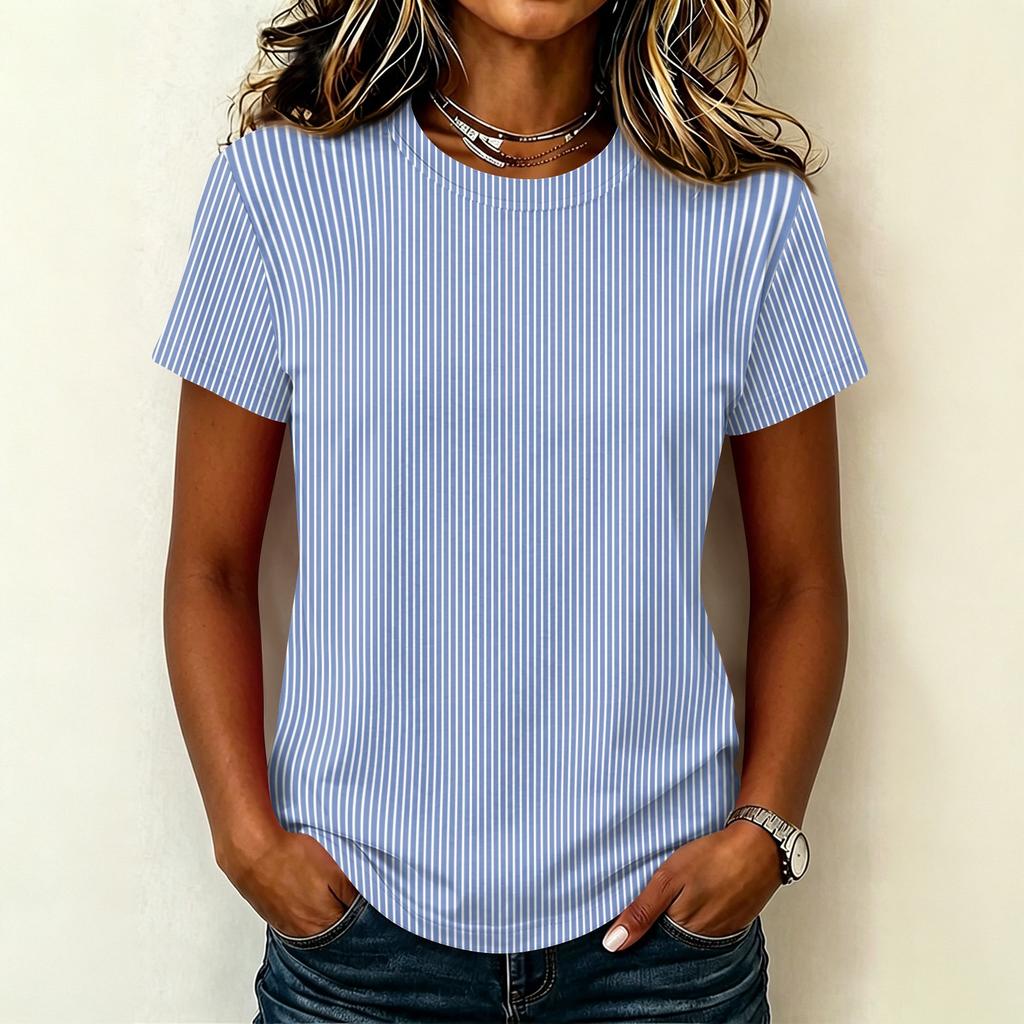 Women's Casual Crew Neck Short Sleeve Pullover T-Shirt Vertical Stripe Print Top Lightweight Soft Fabric Summer Wear