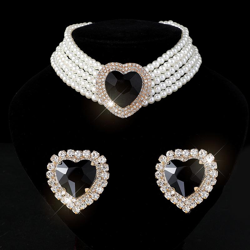 Exaggerated Multi-layer Imitation Pearl Peach Heart Crystal Necklace Earrings Set Bridal Love Rhinestone Neck Chain Women