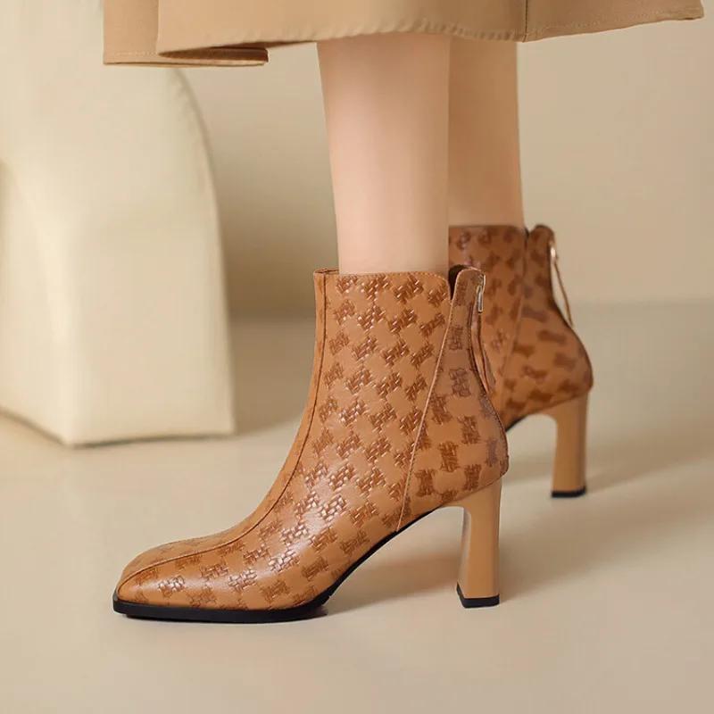 Fashion Genuine Leather Zipper 7.5cm High Heels Women's Short Boots Winter Black Beige Cowhide/sheepskin Short Plush Warm Women Boots 43