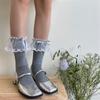 Fashionable Ruffle Mesh Splicing Ankle Socks with Bows Detail Breathable Elegant Solid Color Middle Tube Socks for Women