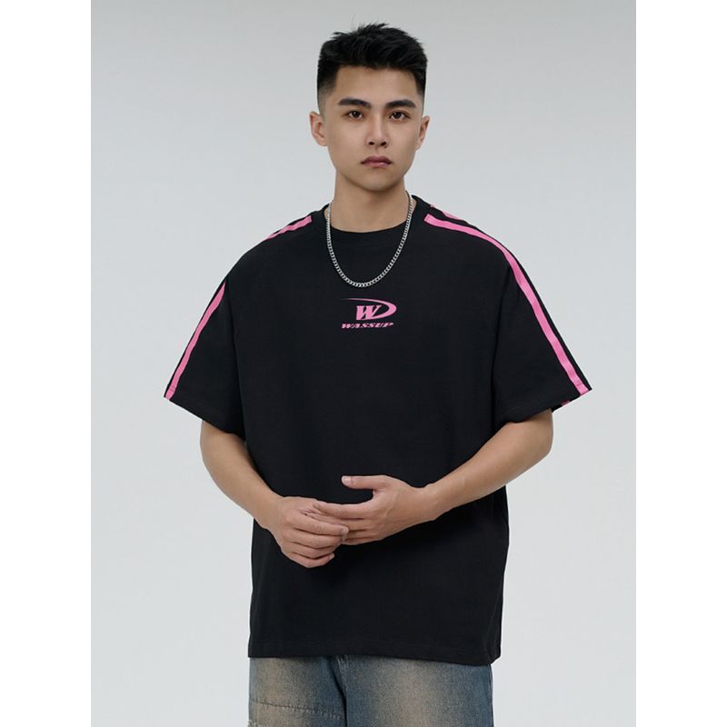 Wassup Trendy Brand Patchwork Three-Stripe Short-Sleeve Unisex Summer Loose American Retro Street Crew Neck Half-Sleeve Top