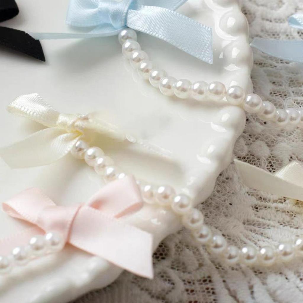 2Pcs Bows Pearl Chain Patch Accessories long streamers Ribbon DIY Lolita Dresses Clothing Accessories