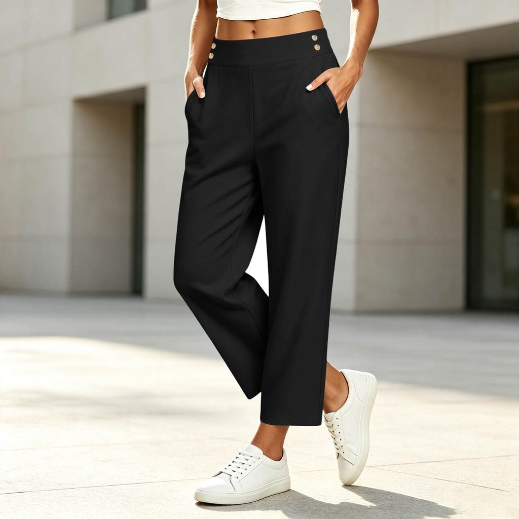 Women's High Waisted Loose Fit Yoga Pants with Pockets and Button Straight Leg Casual