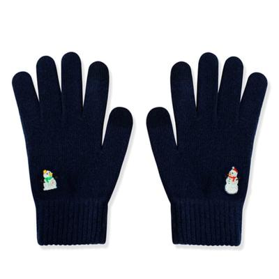 SNOOZY Snowman Embroidered Wool Knit Gloves Navy