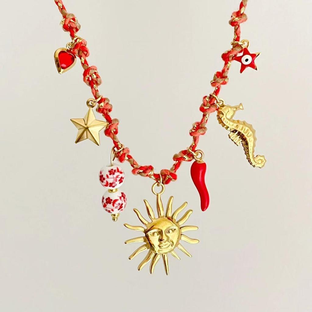Conjunto de Pulsera y Collar Estilo Océano con Conchas y Estrellas Marinas de Acero Inoxidable
