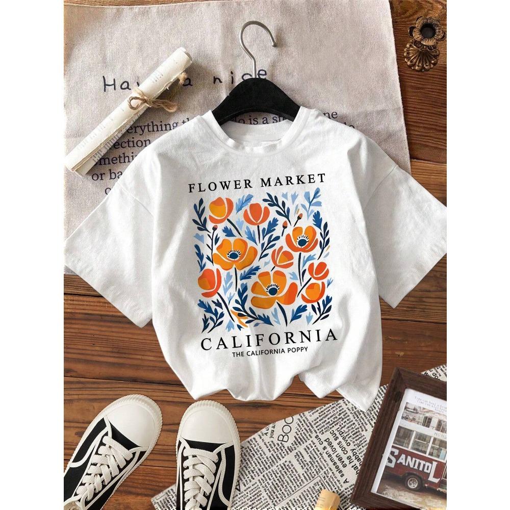 Yellow Flower Printed T-shirt Women s Soft Cotton T-shirt Round Neck Casual T-shirt Round Neck Sports Short Sleeve, Versatile Style S