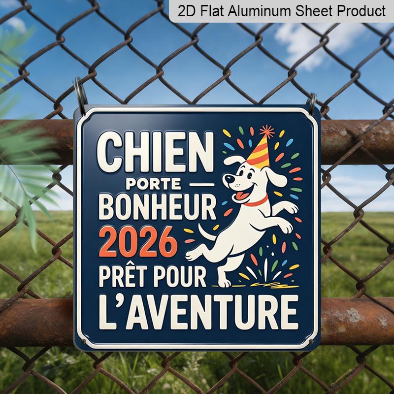 2D Flat, 1pc Vintage French Lucky Dog Adventure 2026 Metal Aluminium Plaque, Retro Wall Art with Chien Porte Bonheur Text, Minimalist Pet Decor for