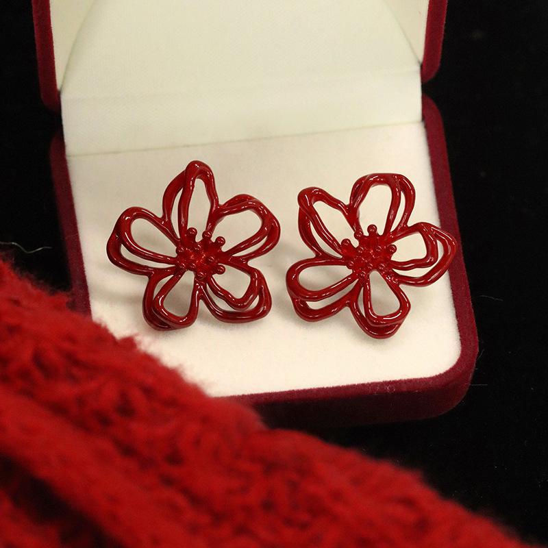 Red Hollow Flower Earrings: Elegant Silver Needle Studs for Women