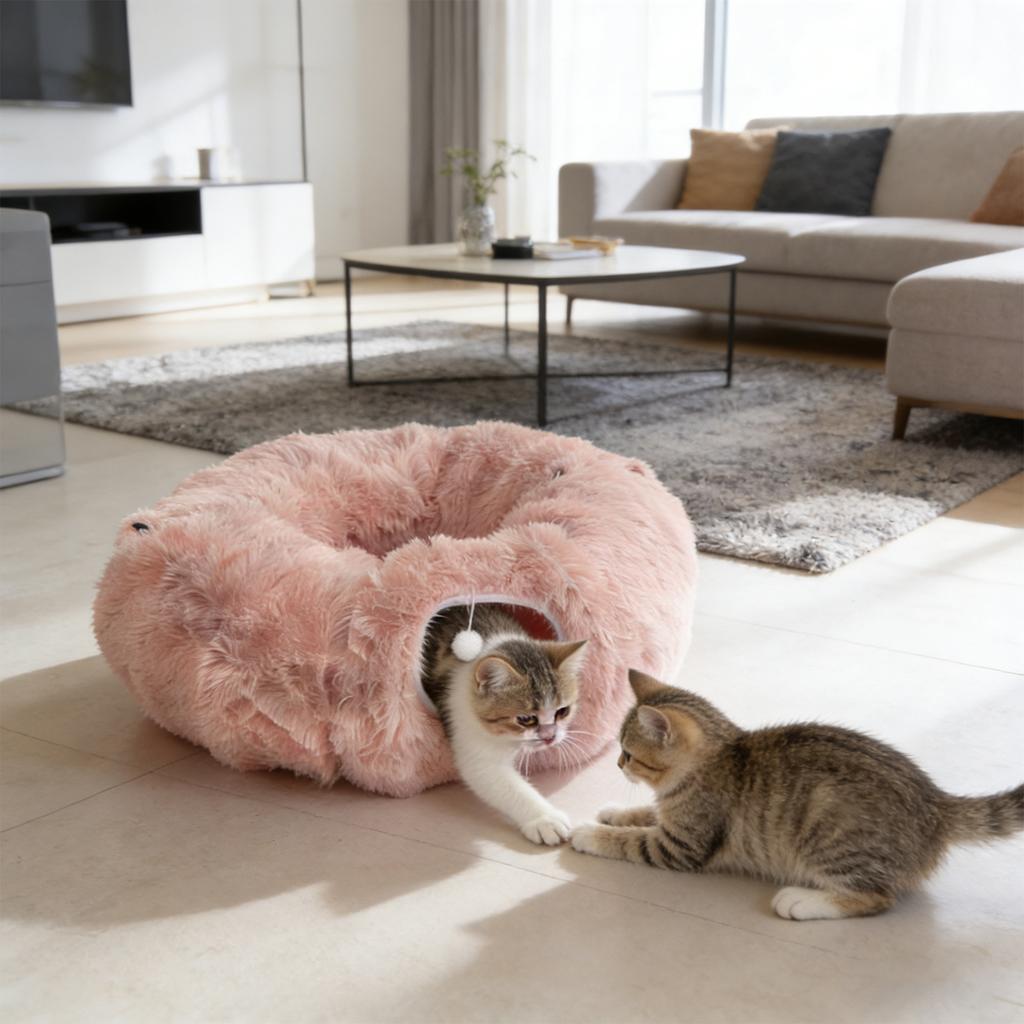 Plush Foldable Donut Cats Tunnel - Warm PV Fleece Cats Cave With Hanging Pom-Pom Toy, Self-Entertaining Pet Hideout & Rest Bed For Cats