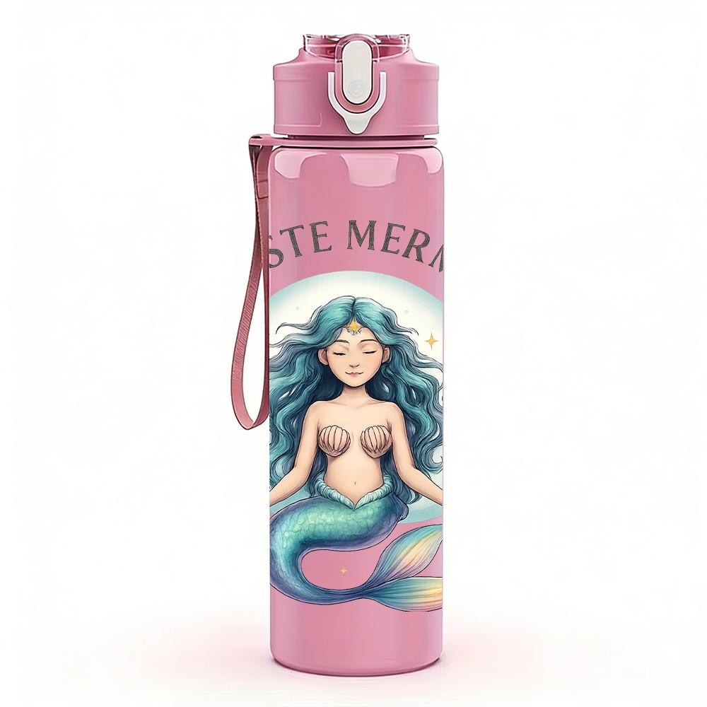 1PC Mermaid Namaste Graphic,750ml Color Plastic Sports Water Bottle,Leakproof Flip Straw Lid,Suitable for Sports Office Home Use