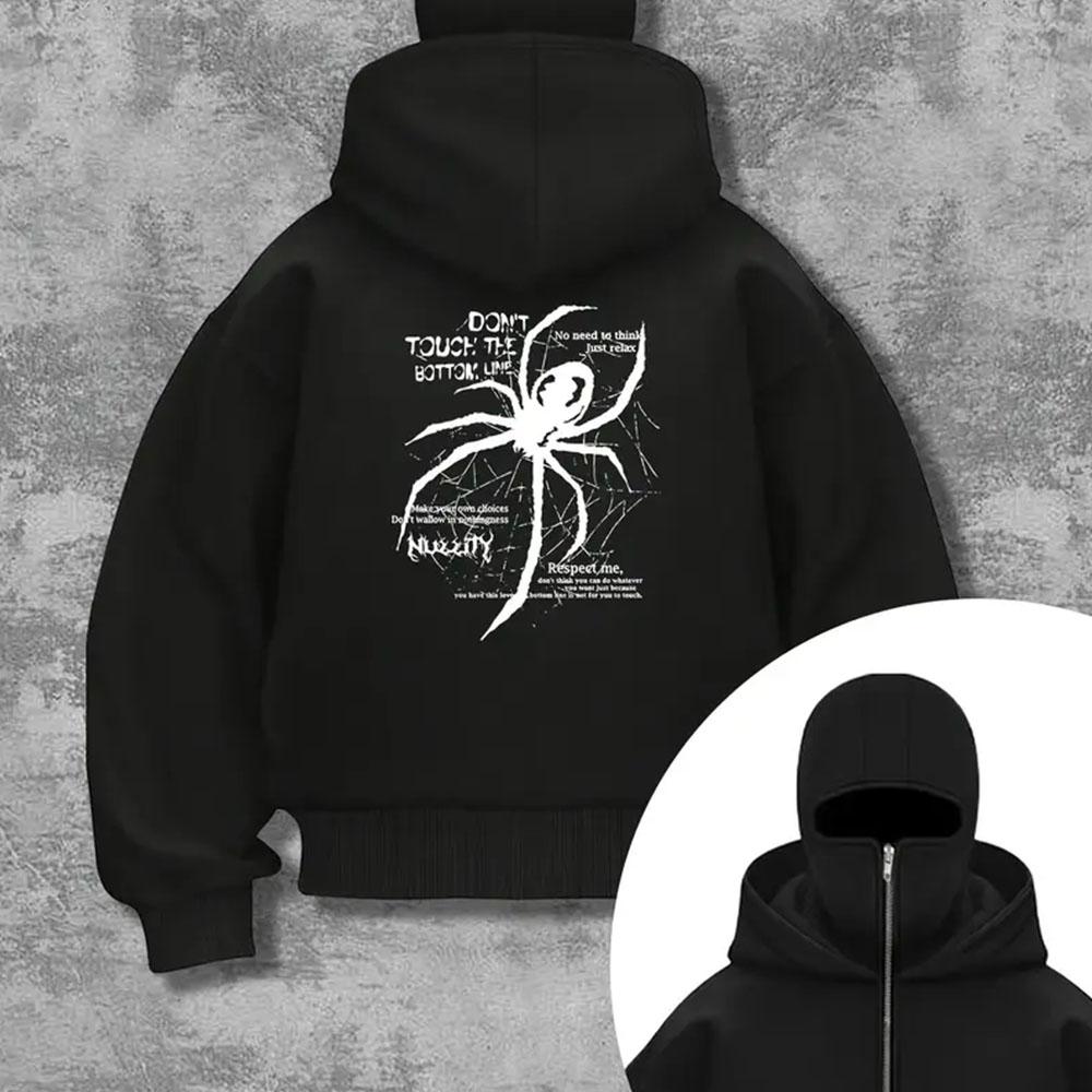 Men's Black Zipper Hooded Sweatshirt with Spider Personalized Print, Fashionable and Trendy Full Zipper Sweatshirt Jacket, Double Hat Design