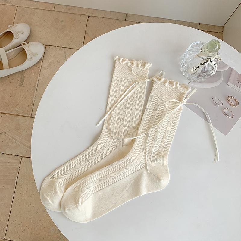 

Ladies Spring and Summer Thin Ballet Style Heel Bow Wooden Ear Side Tube Stack Socks 1 pair молоко, білий колір