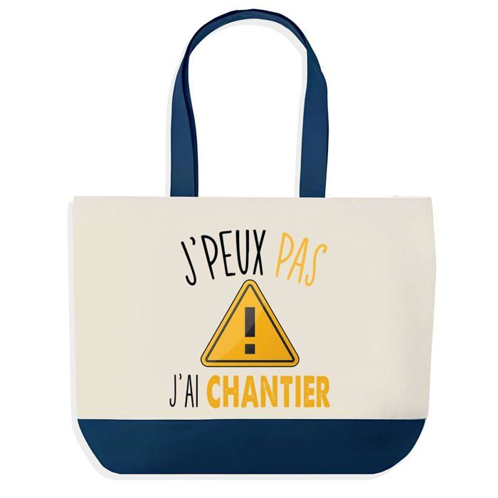 Tote bag - PLANETEE - Sac shopping fond bleu J'peux pas Chantier - Coton 40x45 cm - Sans fermeture - Bleu