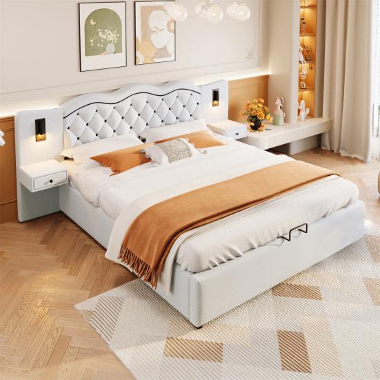 180x200cm Flat Bed, Upholstered Bed, Integrated Headboard, Hydraulic Lifting Mechanism, USB Connection, Two Bedside Lamps, Large Storage Space, Grey,
