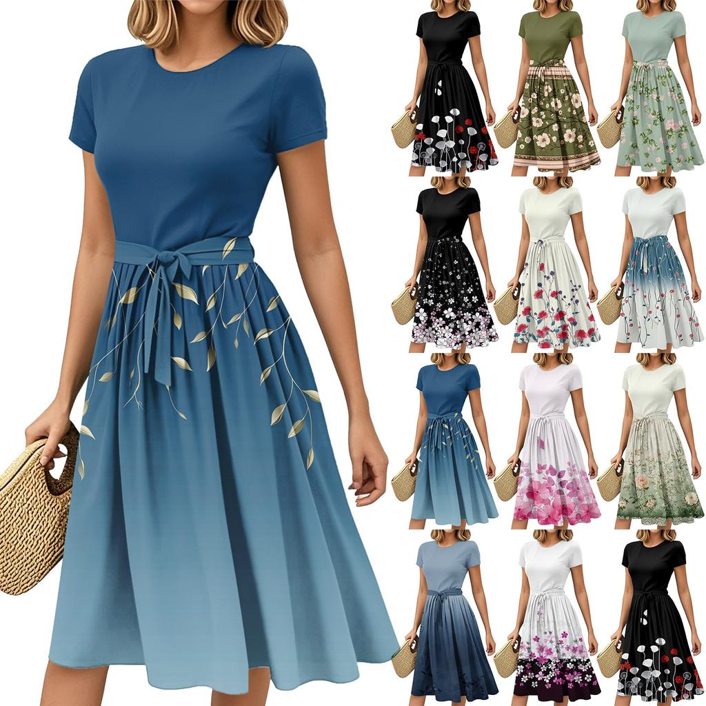 Women's Fashion Casual Belt Short Sleeve Round Neck Geometric Printing Splicing Elegant Temperament Dresses