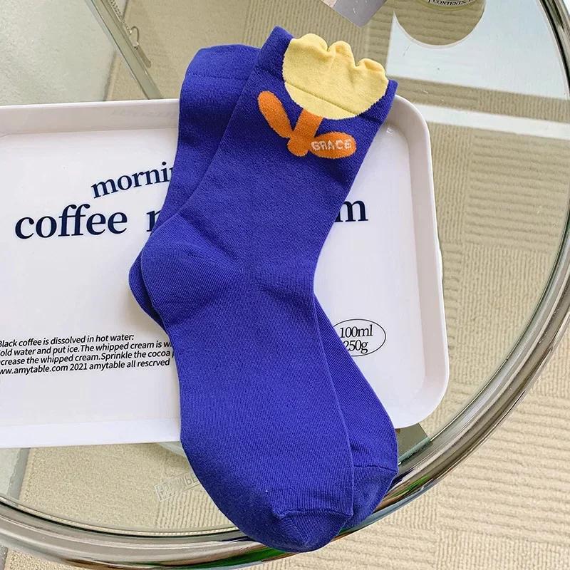 Women Socks Korean Japanese Style Cartoon Green Flower Harajuku Cute Kawaii Mid Tube Socks Breathable Casual Short  Cotton Socks