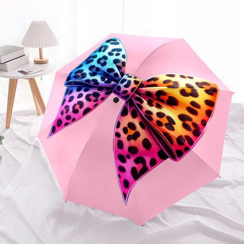 1pc Leopard Print Bow Automatic Open/close Umbrella, 8-Rib Sturdy Structure, Auto Folding/Opening, Portable Travel Umbrella for Women,084