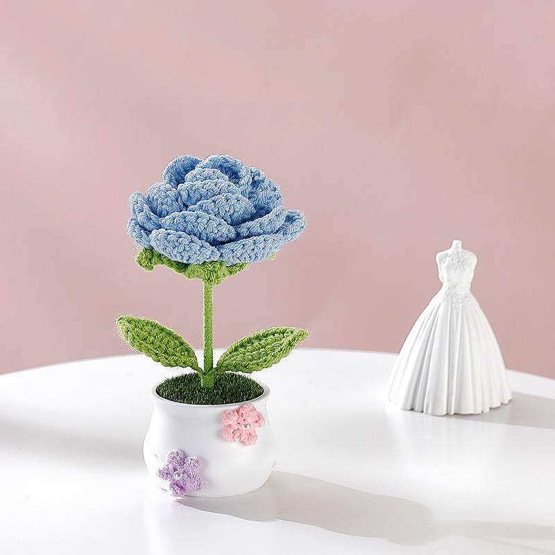 Creative Kintted Flower Potted Mini Artificial Flowers Plant Hand Woven Crochet Tulips Flower Finished Potted Home Decor Gift