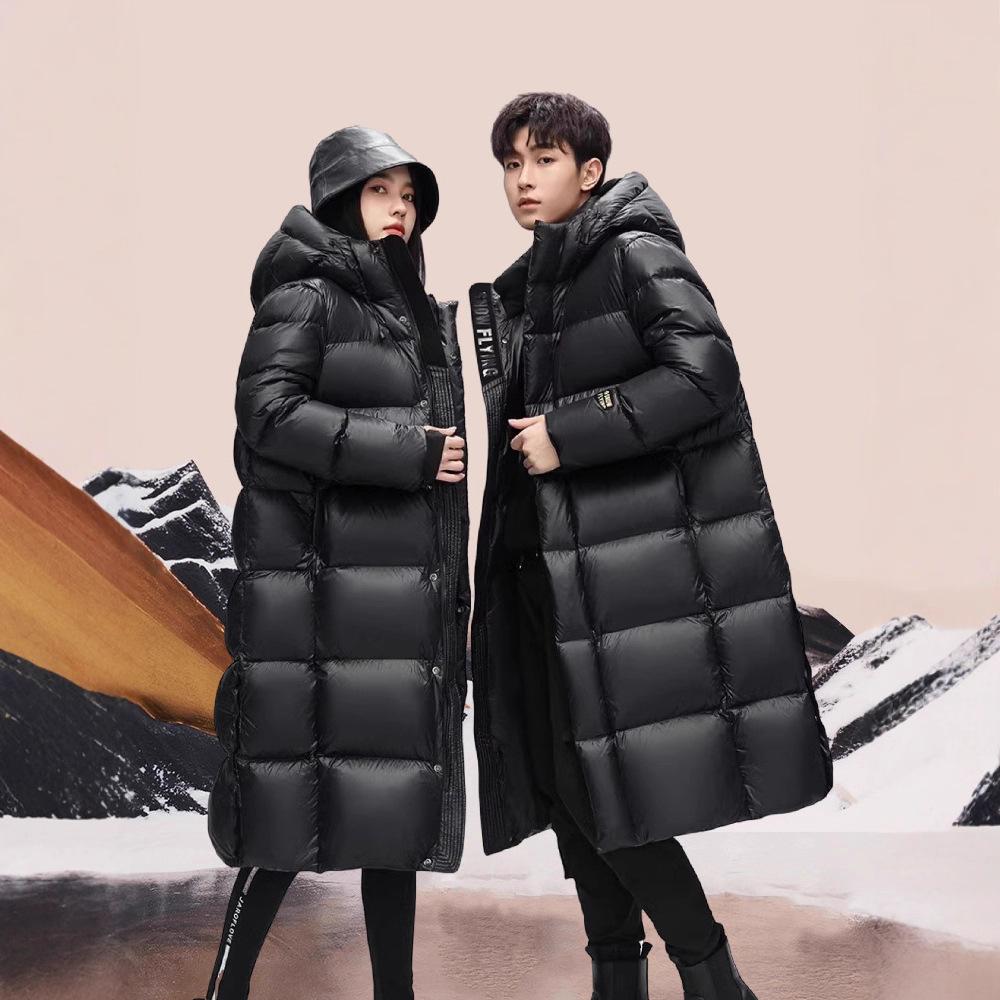 High-end Black and Gold Goose Down Jacket Over the Knee Long Hooded Couple Men's and Women's Super Thickened Jacket Tide Live Broadcast