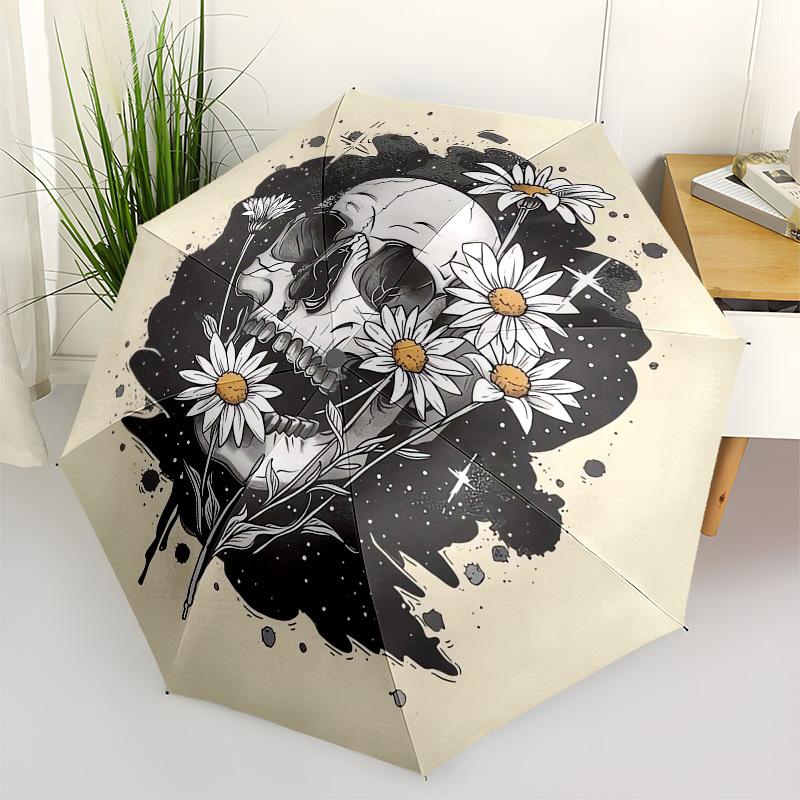 

1pc Skull with Daisies Tattoo Design Umbrella with Plastic Handle,Suitable for All Seasons Home Travel Outdoor UmbrellaFP031