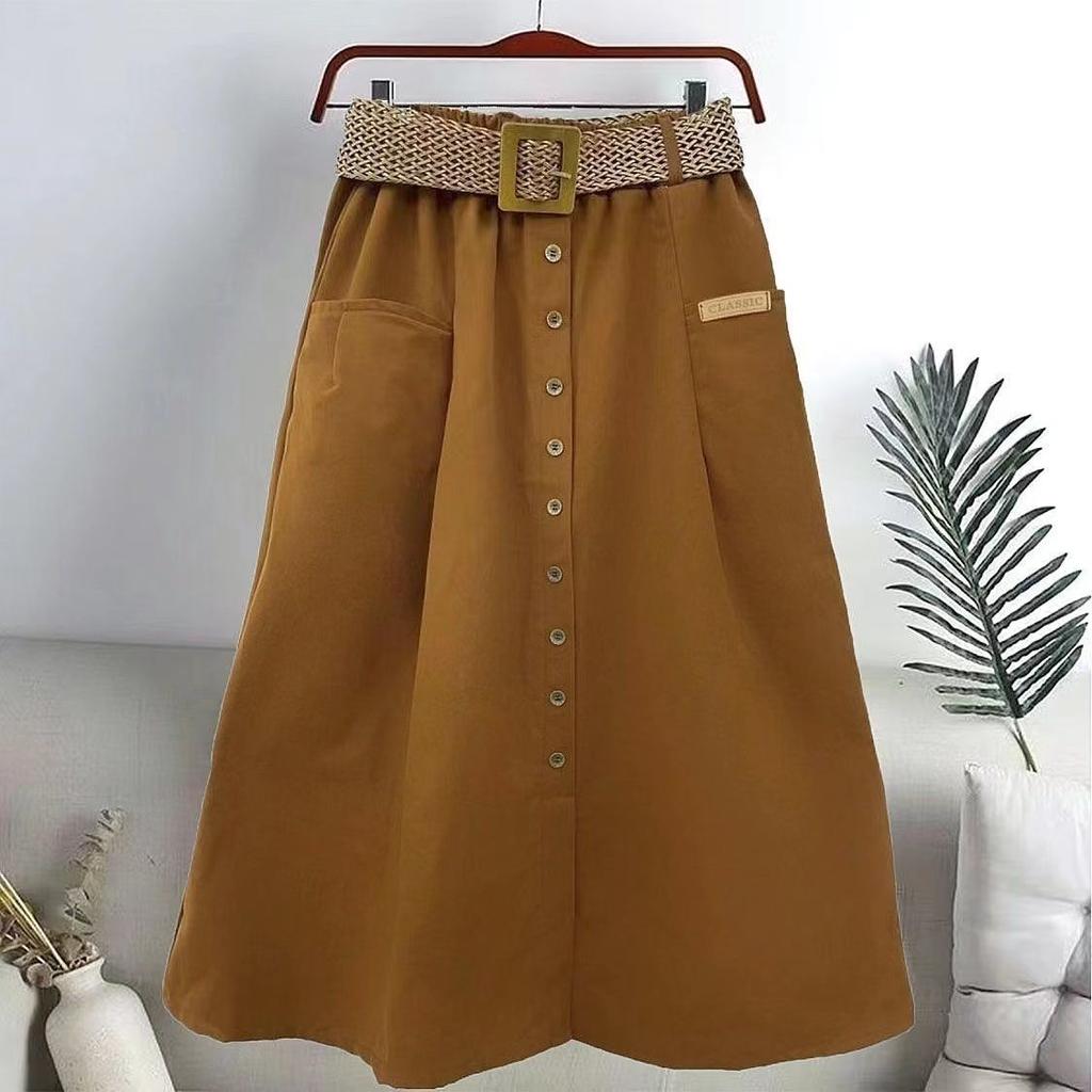Women's Cotton Skirt Spring Summer Elasticated High-rise Skirt Split Midi A-line Skirt with Belt Pockets