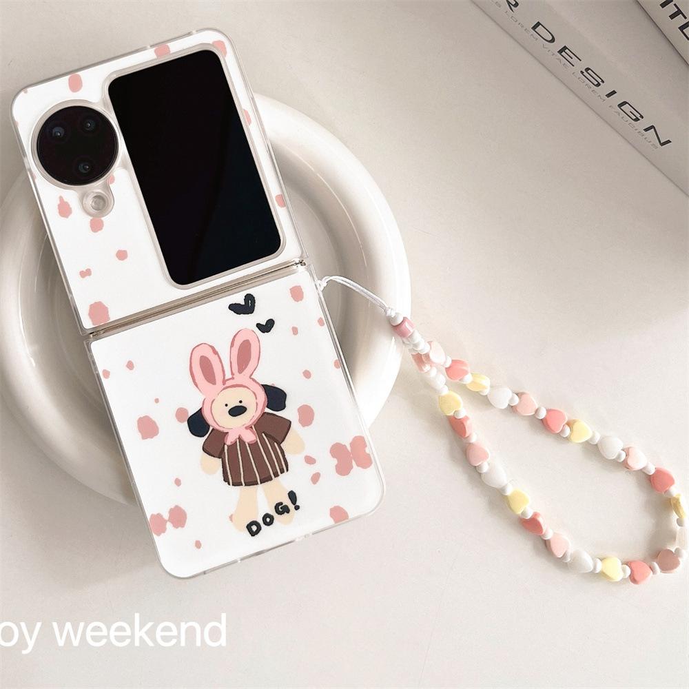 Pink Rabbit Ears Puppy Samsung ZFlip5/34 Mobile Case with Up and Down Folding Screen for OppoN3Flip Bracelet.