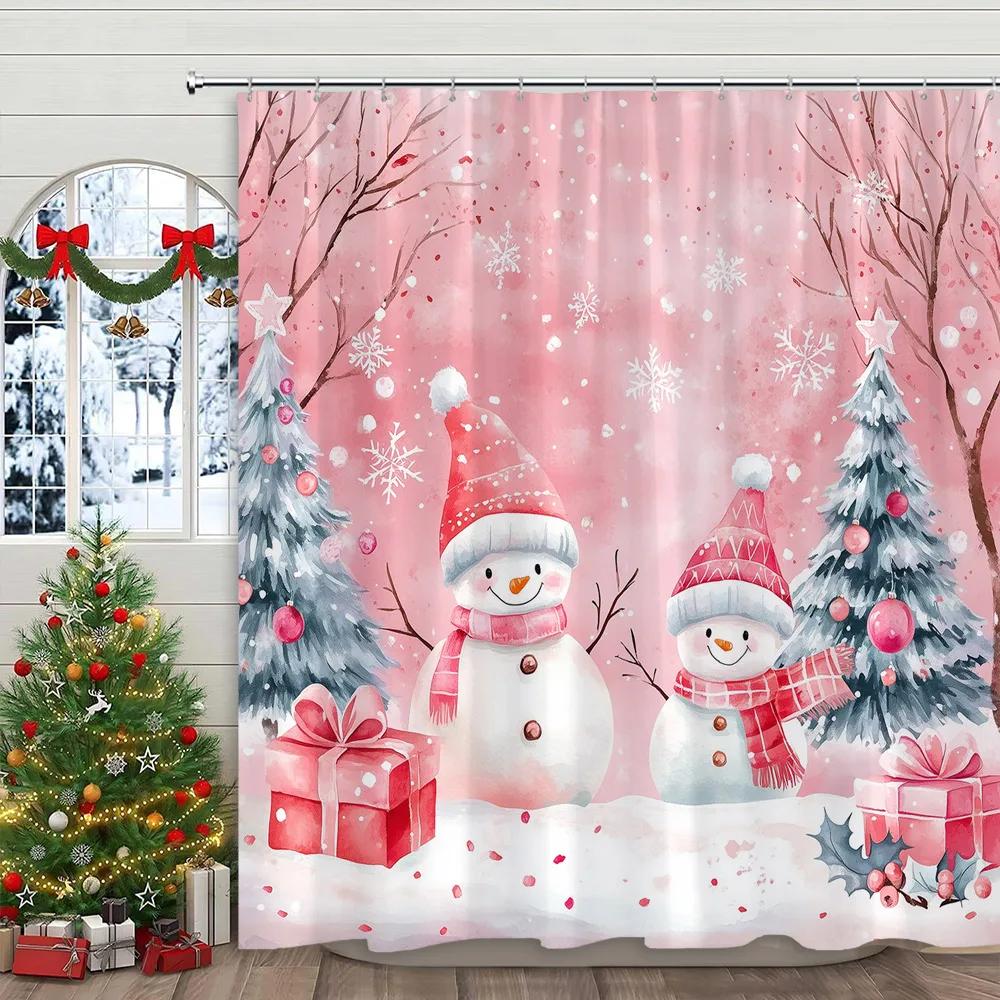 Pink Christmas Printed Shower Curtain Cute Snowman and Christmas Tree Gift Polyester Shower Curtains Bathroom Decor with Hooks