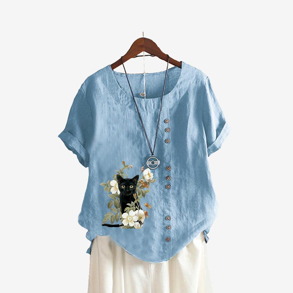 

Женская модная футболка с коротким рукавом, летняя и осенняя повседневная верхняя одежда с круглым вырезом и принтом кота, пуловер, свободные хлопковые льняные блузки 5XL светло-синий