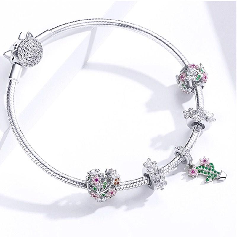Fit Europe Bracelet Original 925 Sterling Silver Cactus Pineapple Flower Beads S925 Pink CZ Cherry Blossom Charms Diy Jewelry