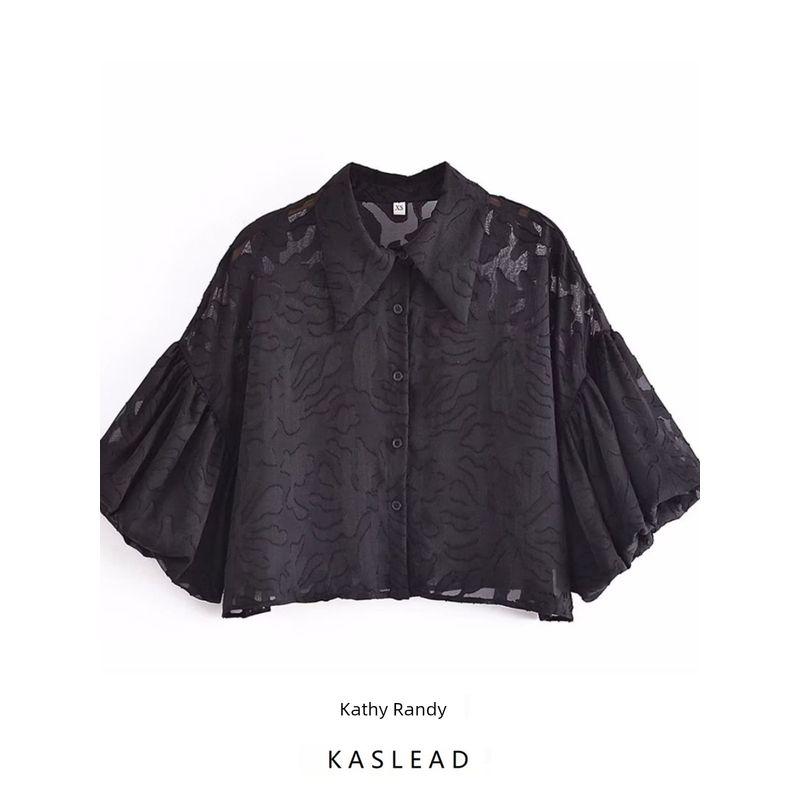 Kaslead New Arrival Women's Clothing Fashion Style Pure Color Jacquard Bishop Sleeves Top