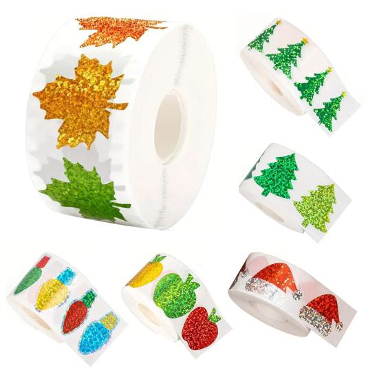 500 Pcs Christmas Stickers Roll Gllitter Tree/Maple Leaf/Santa Hat Seal Stickers Waterproof Self-Adhesive Decals