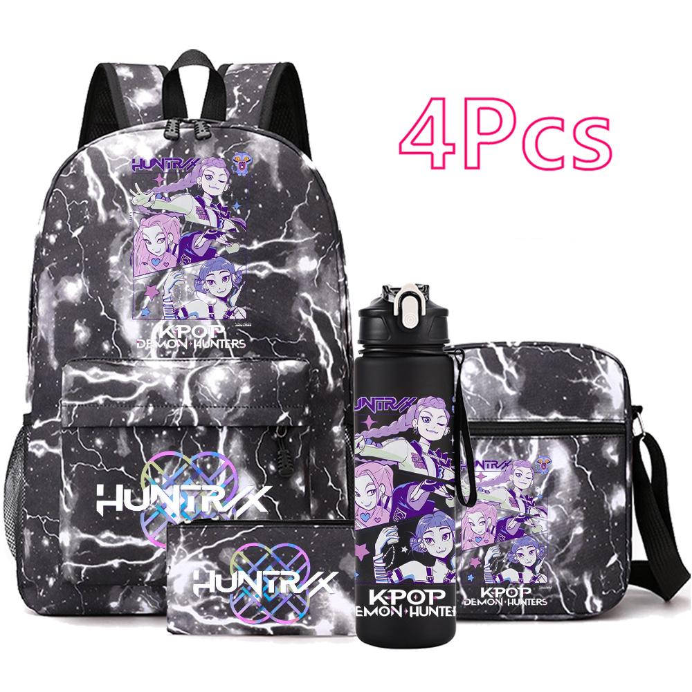 4-teiliges/Set Anime Niedlich K-Pop Bedruckter Rucksack mit 750 ml Wasserflasche für Teenager Schüler Mädchen Junge Schultasche Kindergeschenk Große Kapazität Reisetasche Mochila