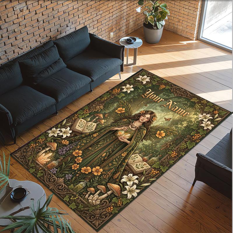 Forest Nature Theme Crystal Velvet Rug Personalized Custom Name Text Soft Floor Mat Home Decor