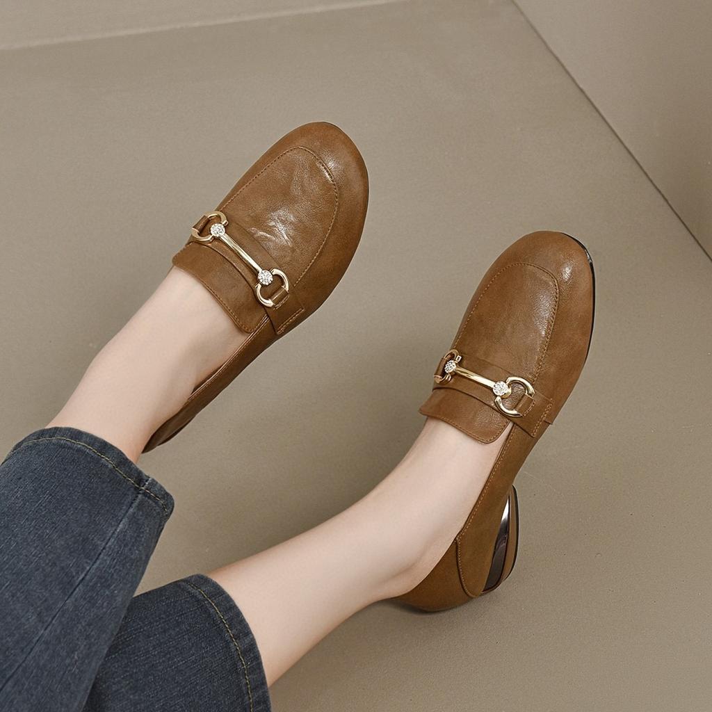 Round Head Flat Shoes Women's Spring New Metal Buckle Low Heel Shallow Mouth One Pedal Women's Small Leather Shoes